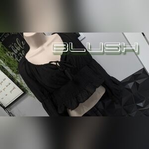 Blush Black Boho Ruffle Peplum Sleeve Crop Top LG